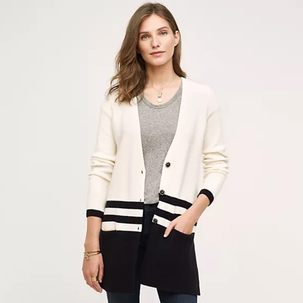 Anthro Angel of the North Varsity Cream Navy Wool Cotton Blend Stripe Cardigan